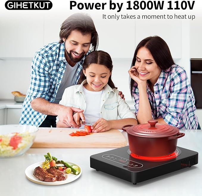GIHETKUT Single Burner Electric Cooktop,110V 1800W Electric Stove Top with LED Touch Control,10 Power Levels, 4 hTimer, Safety Lock,single electric burner Overheat protection