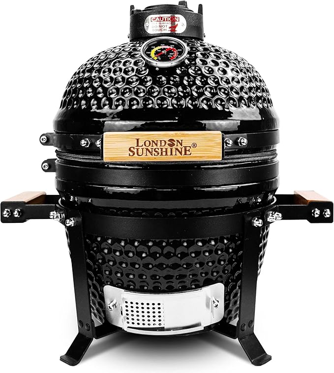 London Sunshine Ceramic BBQ Charcoal Kamado Grill 13 inch Portable Tabletop BBQ Grill with Stainless Steel Grates Black, Black
