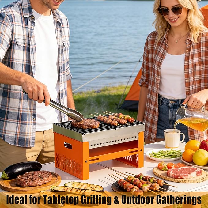 Portable Charcoal Grill, Small Tabletop BBQ, Foldable Mini Hibachi, Stainless Steel Camping Grill, Compact Outdoor Cooker for Picnic, Tailgating Chac Grl 002P (Orange)