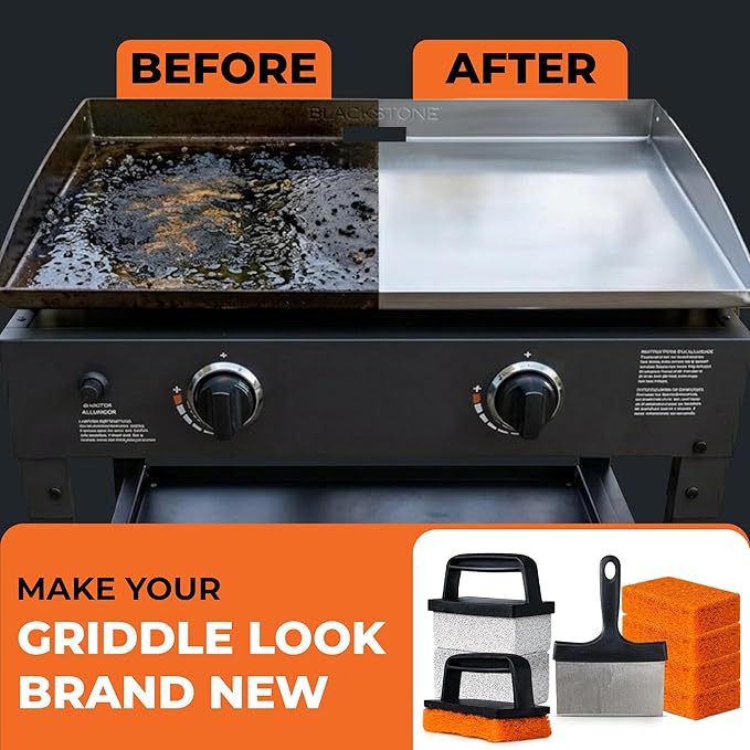 10-Piece Griddle Cleaning Kit for Blackstone, Flat Top Grill | Stainless Steel Scraper, 2 Cleaning Bricks, 5 Scouring Pads & 2 Ergonomic Handles | Grill Cleaning kit for Easy Restoration