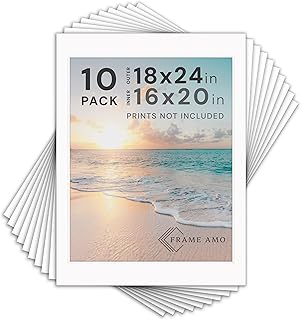 Frame Amo Pack of 10, Precut 18x24 White Mat Boards with 15.5x19.5 Bevel Opening for 16x20 Pictures and Posters, Acid Free and Gallery Grade, Thick 4-Ply and All White Layers with White Core