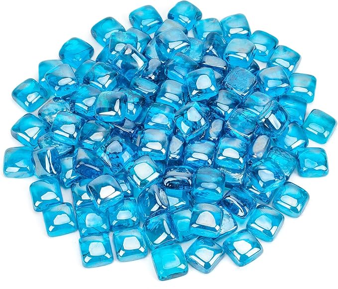 Mr. Fireglass 1 inch Fire Glass Cubes for Fireplace Fire Pit and Landscaping, 10 lb High Luster Caribbean Blue