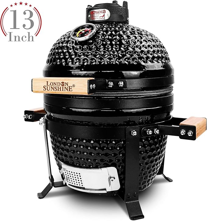London Sunshine Ceramic BBQ Charcoal Kamado Grill 13 inch Portable Tabletop BBQ Grill with Stainless Steel Grates Black, Black