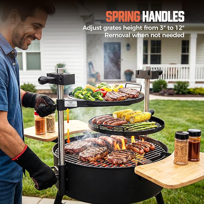 BIG HORN Santa Maria Grill, Portable Argentinian Parrilla with Adjustable Height & 360° Rotating Grates, Charcoal Open Fire BBQ Grill with Rotisserie for Camping, Patio & Backyard