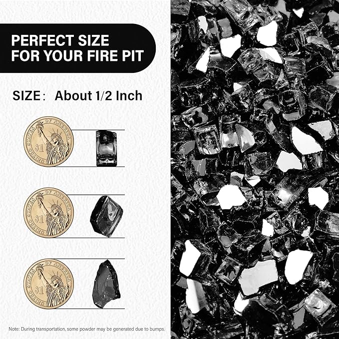 NUPICK 10 Pound Fire Glass, 1/2 Inch Reflective Fire Glass, Fit with Fire Pit Glass and Fireplace Glass, Black