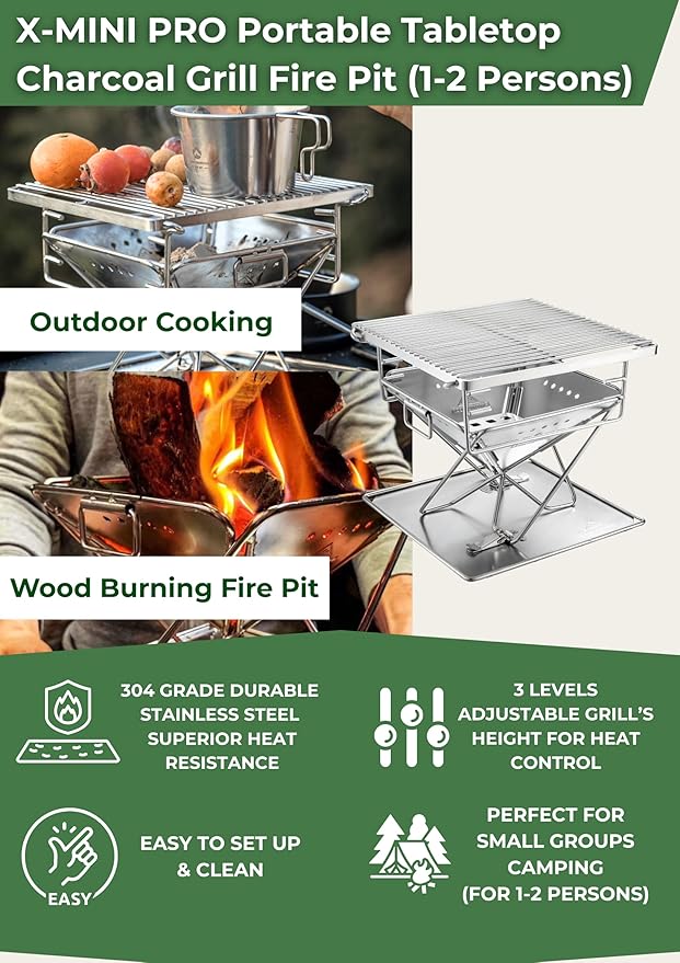 CAMPINGMOON Portable Charcoal Grill 9.65 Inch Stainless Steel Tabletop Grill Fire Pit 3 Level Adjustable Height Grill for Camping Outdoor Cooking Barbecue Carry Bag X-MINI-PRO