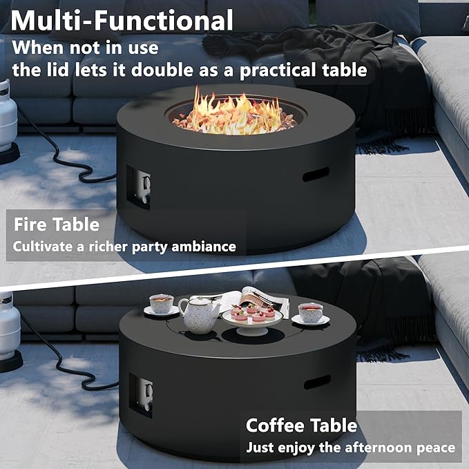 32.5 inch Round Propane Fire Pit, 50000 BTU Gas Fire Pit Table with Steel Lid, Waterproof Cover, 10ft Gas Hose & Gas Tank Base, Lava Rocks, Black