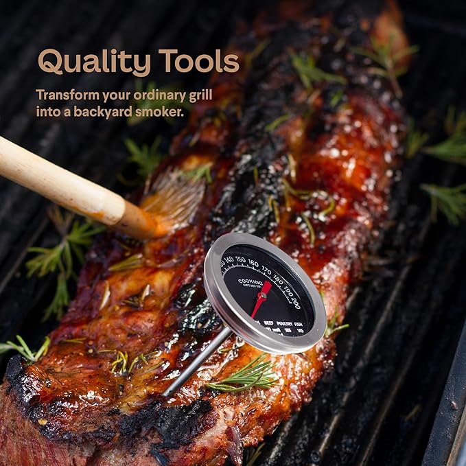 Grilling Accessories BBQ Smoker Box Grill Kit - Stainless Steel Smoke Box for Gas Grill and Charcoal with Wood Chips, Meat Thermometer and Scraper - Complete Outdoor BBQ Accessories Gift Set for Men