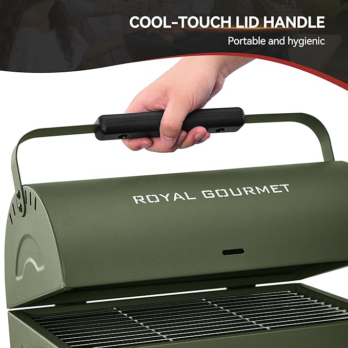 Royal Gourmet CC1015L Portable Charcoal Grill, 147 Sq. In. Cooking Area, with Four Air Vents, Lid Latch Buckle, Lid Handle, for Outdoor Backyard, Patio Parties and Picnics, Olive Green