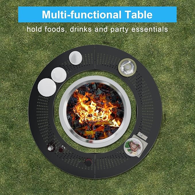 LS'BABQ 45" Fire Pit Surround Tabletop with Waterproof Cover for Solo Stove Yukon & Bonfire, Round Outdoor Fire Pit Table for Most Wood-Burning Stoves Under 28.5" Dia for Camping, Powder-Coated Steel