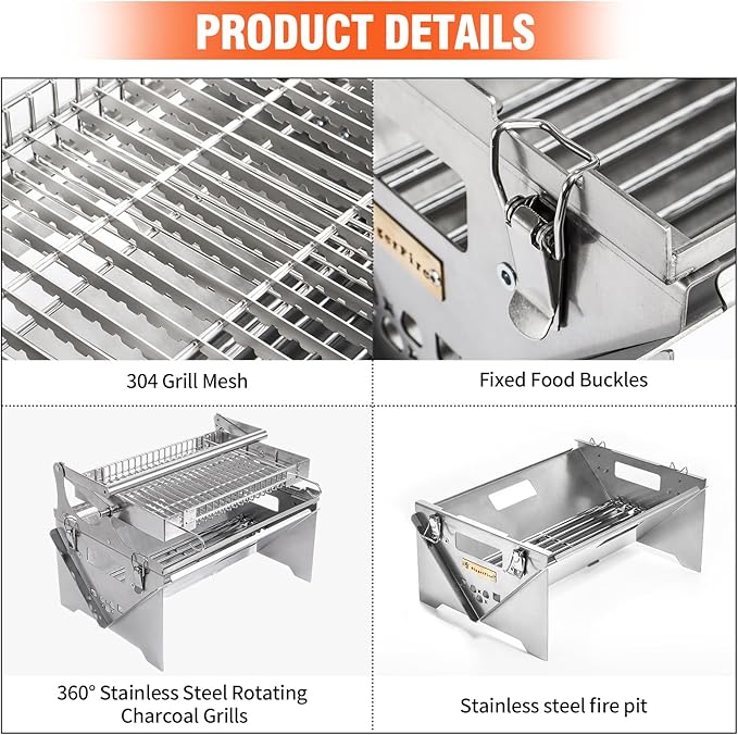 360° Rotating Barbecue Grill, Stainless Steel Flipping Barbecue Grills, Portable Camping Charcoal BBQ Grill Outdoor, Detachable Portable Charcoal Barbecue Grill for Picnic Yard Party