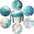 Coasters for Drinks with Holder Teal Marble Abstract Ceramic Stone Coasters Set of 6 Cork Base Round Absorbent Funny Drink Coaster Blue Beach Ocean Style for Cups Mugs Tabletop Protection