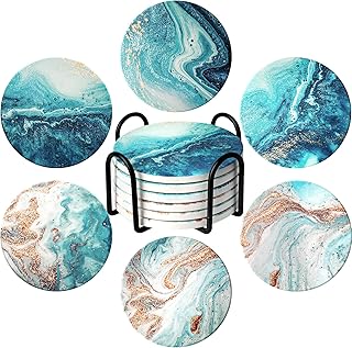 Coasters for Drinks with Holder Teal Marble Abstract Ceramic Stone Coasters Set of 6 Cork Base Round Absorbent Funny Drink Coaster Blue Beach Ocean Style for Cups Mugs Tabletop Protection