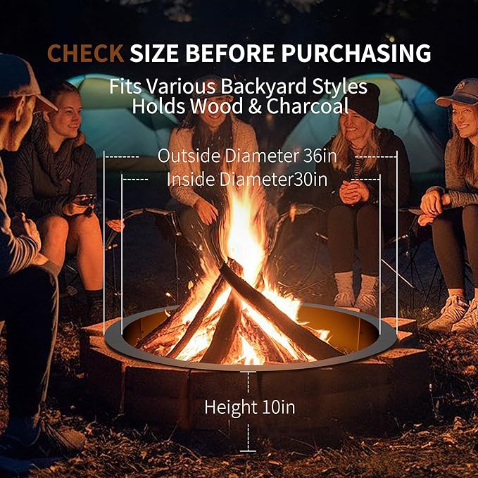 Outdoor Smokeless Fire Pit Ring Insert, Heavy Duty 30 Inch Inner|36 Inch Outer Diameter, Metal Round Fire Ring for Outside Wood Burning, Black