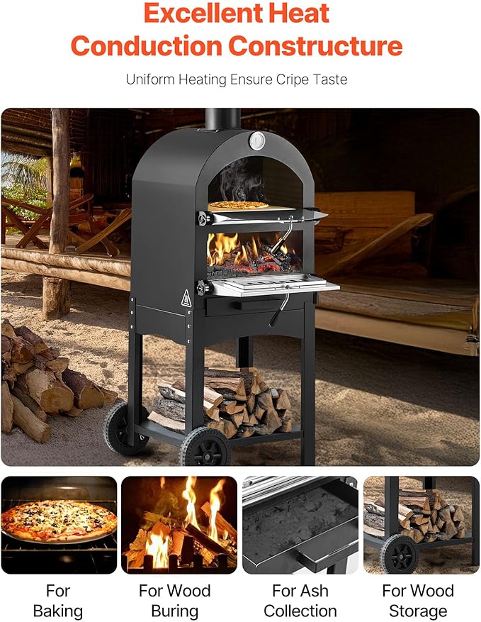 VEVOR Portable Outdoor Oven, 12-inch Stand Pizza Oven with Casters, Pellet & Chips & Charcoal & Firewood Four Fuel, Baked Paint Pizza Grill, Includes Pizza Stone, Pizza Shovel, for Camping & Backyard