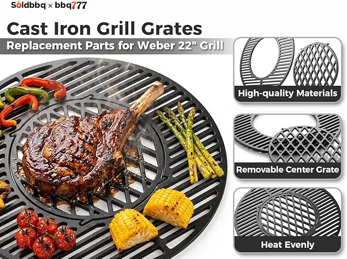 8835 Cast Iron 21.5" Grill Grates w/12" Removable Center Grate for Weber Original Kettle Premium 22-inch Charcoal Grill, Replacement Parts for Weber 22" Performer Premium Grill, One-Touch Grills