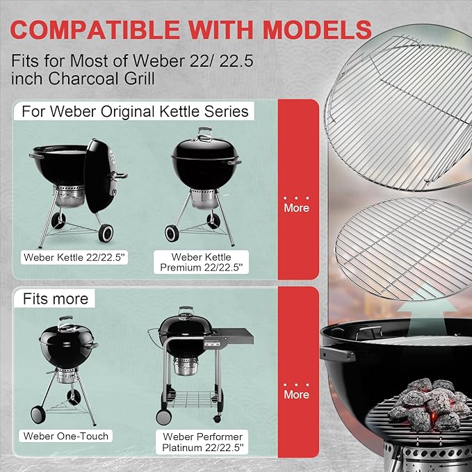 7436 Cooking Grate & 7441 Charcoal Grate Kit for Weber 22/22.5'' Kettle Charcoal Grill, 304 Stainless Steel Grill Grates for One-Touch, Master-Touch, Bar-B-Kettle, Performer, Series Grills Accessories