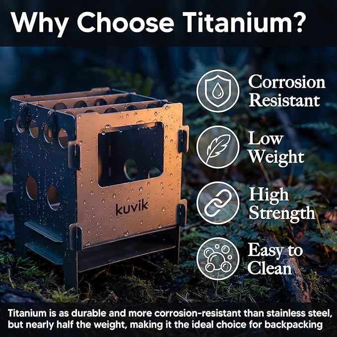 Kuvik Compact Titanium Wood Stove - Ultralight and Compact Stove for Backpacking, Camping, and Survival