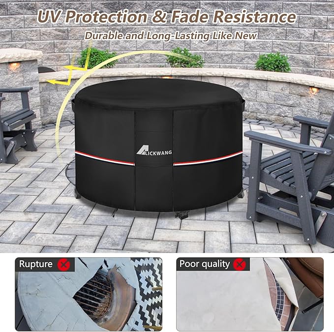 Fire Pit Cover Round 48 Inch Waterproof,Outdoor Heavy Duty Durable 600D Tear-Resistant Fire Pit Table Cover,Patio Round Firepit Cover 48" D x 24" H, Black