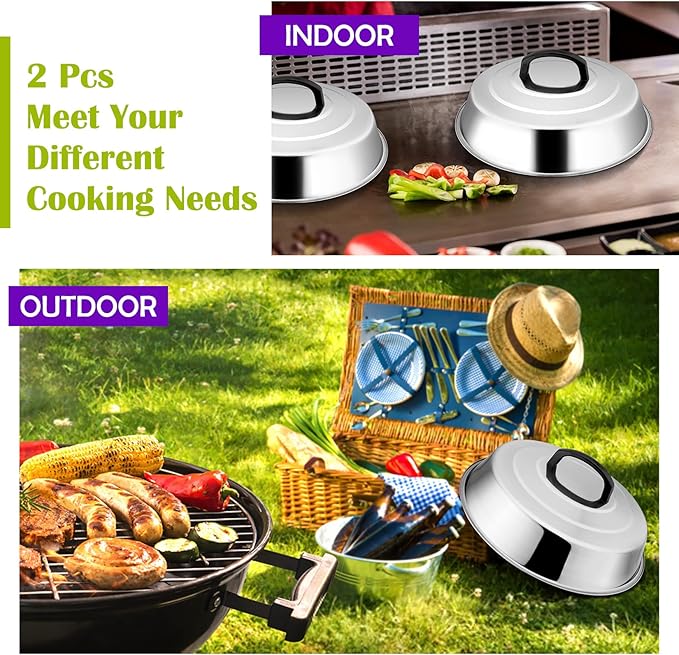 12 Inch Cheese Melting Dome Set of 2, Joyfair Basting Cover for Griddle Grilling Outdoor Camping/Flat Top Teppanyaki, Stainless Steel Lids with Heat-Proof Handle, Dishwasher Safe (No Thermometer)