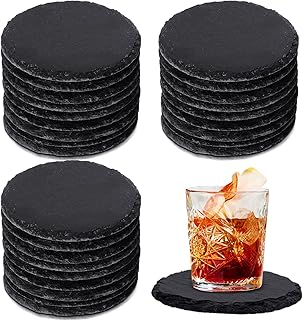 60 Pieces Slate Drink Coasters, 4 x 4 Inch Black Round Stone Slate Coaster Set Laser Engraving Blanks with Anti Scratch Bottom for Home Office Drink Table