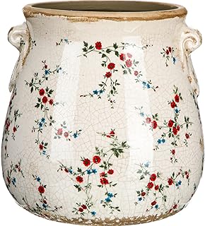 Ceramic Scroll Planter 6.5 Inch Chinoiserie Floral Vase with Drainage Holes Vintage Flower Vase Flower Pot Rustic Ceramic Pots for Indoor Plants Garden Home Bookshelf Decor(Milky)