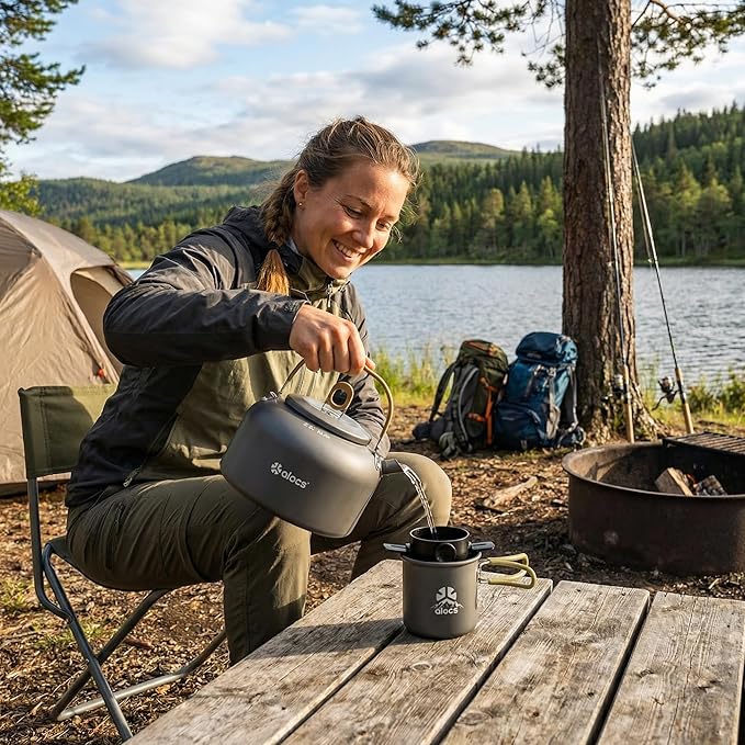 Alocs 2.3L Camping Coffee Pot Outdoor Coffee Maker Set, Hard Anodized Aluminum Camping Kettle with Pour Over Coffee Kit, 12oz Mug & Precision Spout, Portable Backpacking Gear for Campfire & Gas Stove