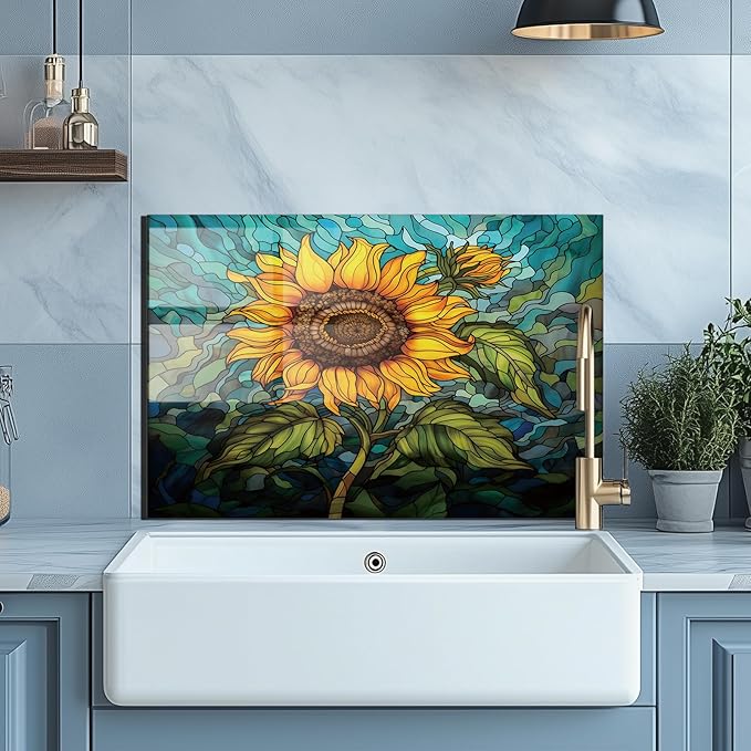 Evgosm Tempered Glass Backsplash for Kitchen, sunflower Stove Splashback, Glass Backsplash, Used for Kitchen Wall Protection and Decoration, Easy to Install and Clean. (30x18'')