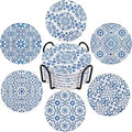 Coasters with Holder,Blue and White Style Ceramic Drink Coaster, Absorbent Coaster Sets of 6 for Tabletop Protection,Suitable for Kinds of Cups,Cool Home Decor, Wooden Table, 4.1 Inches