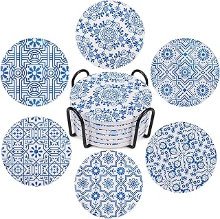 Coasters with Holder,Blue and White Style Ceramic Drink Coaster, Absorbent Coaster Sets of 6 for Tabletop Protection,Suitable for Kinds of Cups,Cool Home Decor, Wooden Table, 4.1 Inches