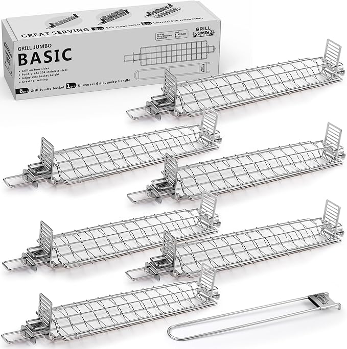 Set of Grate Basket Adjustable Meshes for Grilling for Charcoal, Gas Grill, Tandoor BBQ, Smoker for Home, Outdoor, Restaurant (Stainless steel, Grill Jumbo Basic)