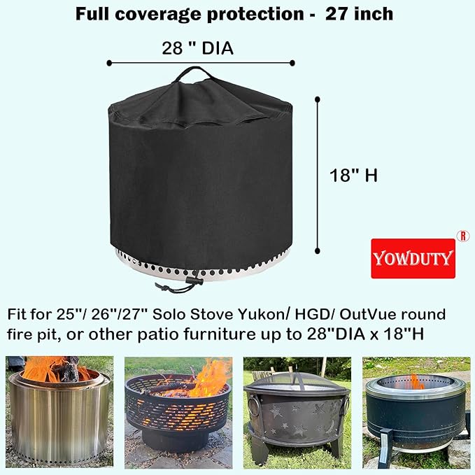 Round Fire Pit Cover for Solo Stove Yukon 27 Inch, Waterproof Heavy Duty 600D Material Fire Pit Cover for 27" Solo Stove Yukon Series Firepit,Round 28" D x 18" H