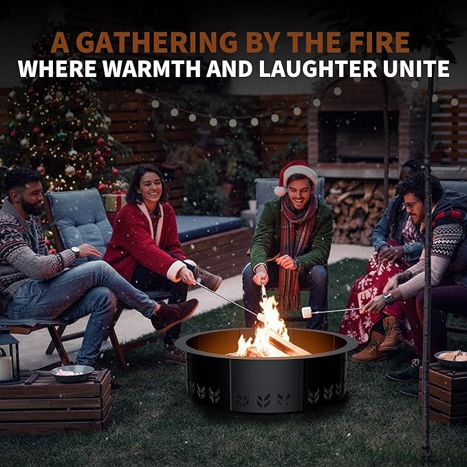 Outdoor Smokeless Fire Pit Ring Insert, Heavy Duty 30 Inch Inner|36 Inch Outer Diameter, Metal Round Fire Ring for Outside Wood Burning, Black