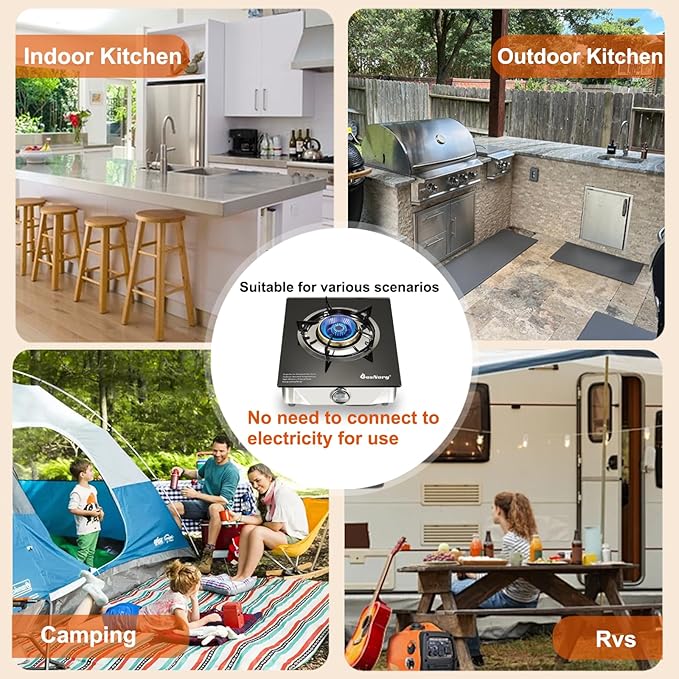 Propane Stove 1 Burner Gas Stove, 14500 BTU High-Efficiency Auto Ignition Tempered Glass LPG Cooktop with CSA Regulator and Hose – for Outdoor Camping, RV, and Emergency Cooking