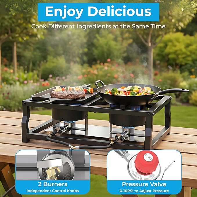 FIRE RIOT Tabletop Double Burner Camp Stove - 100,000 BTU Portable Propane Gas Cooker with CSA Regulator - Heavy-Duty Steel Frame for Camping, BBQ & Outdoor Cooking