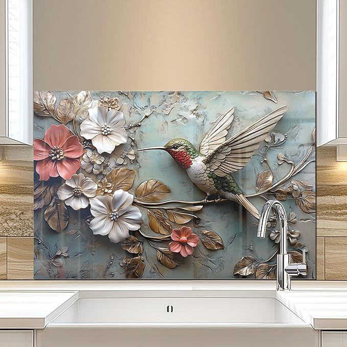 fzxwyishu Tempered Glass Kitchen Backsplash, Stove Back Top Cover, Splashback Tile,Hummingbird Kitchen Sink Cover Splash Guard, Home Kitchen Decor (Art Deco 1, 30"x30"(76.2x76.2cm))