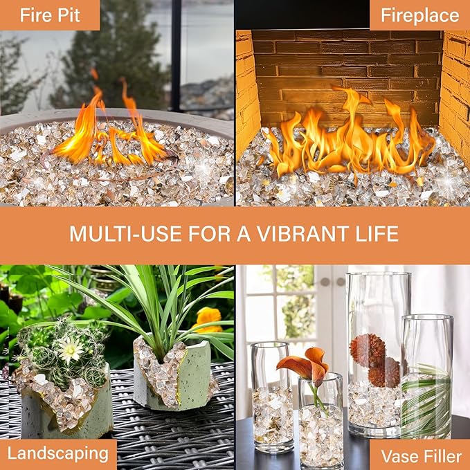 NUPICK 10 Pound Fire Glass, 1/2 Inch Reflective Fire Pit Rocks, Fit with Fireplace Glass, Rose Gold