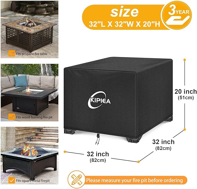 Kipiea Square Fire Pit Cover - Upgraded 600D Strong Tear Resistant, 100% Waterproof Fire Pit Table Cover, UPF 50+ Outdoor Firepit Cover Square Fading Resistant, 32" L x 32" W x 20" H