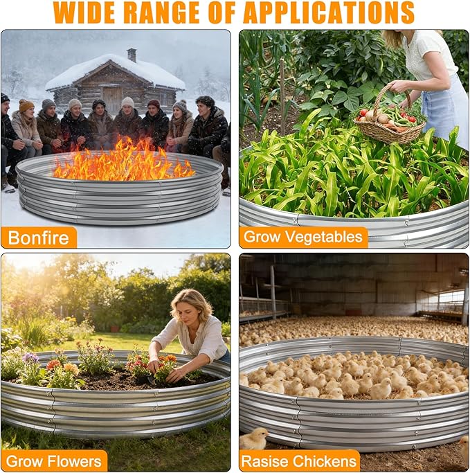 Heavy Duty 48 Inch Fire Pit Ring - 0.8mm Thick Galvanized Steel, Rust Resistant, Tool-Free Assembly, Large Outdoor Fire Pit for Camping, Backyard, Patio, Garden, Also Use as Planter