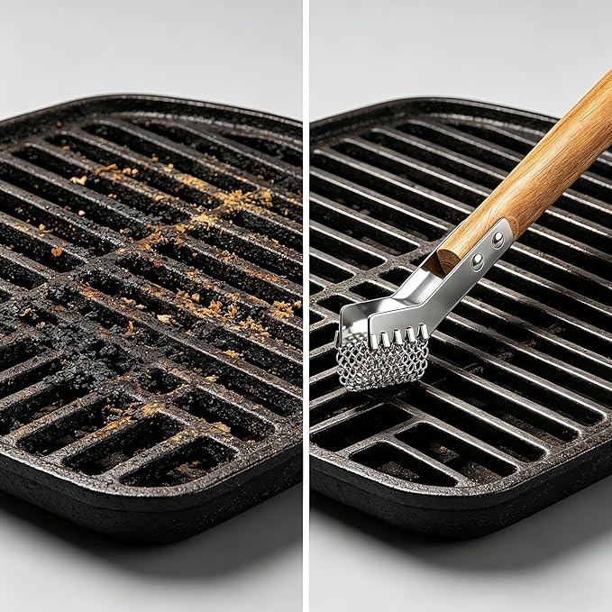 House Again Grill Scraper, Mesh Ring Grill Brush for Wire Grates & Rod Grates, Safe Barbecue Scraper with Long Wooden Handle for Outdoor BBQ & Camping-Griller Gifts for Men