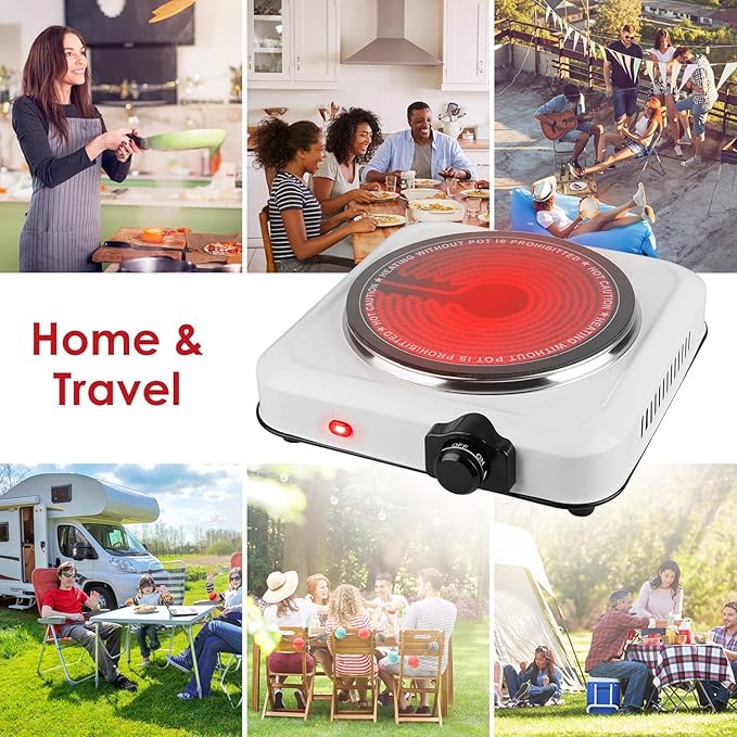 Electric Infrared Dual Burner, Portable Heating Hot Plate Stove Countertop RV Hotplate Glass Cooktop for Home RV Camp, Stepless Temperature Adjustments (Single)