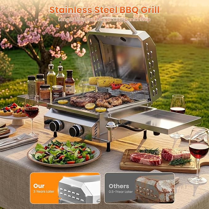 Cowsar Premium Dual-Burner Tabletop Gas Grill | 16,000 BTU Portable Propane Grill with 304 Stainless Steel & Dual Side Shelves – Compact Outdoor BBQ for Patio, Camping, and Backyard Grilling