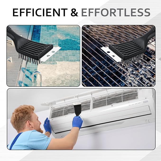 Sliner 6 Pcs 8 Inch Grill Brush with Scrap Black Scrubbing Stainless Steel Wire Grill Cleaner Brush BBQ Accessories for Indoor Outdoor Grate Remove Grease Burnt Food