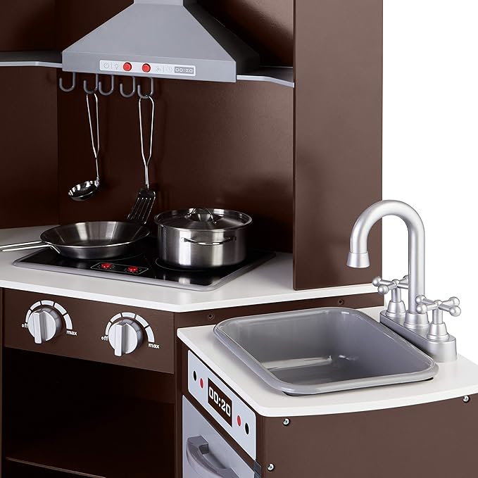 Amazon Basics Kids Corner Interactive Wooden Play Kitchen Set, Stove, Oven, Sink, Fridge and Accessories for Toddlers, Preschoolers, Children Age 3+ Years, Espresso/Gray, 39.37"L x 28.35"W x 35.04"H
