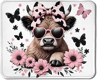 Highland Cow Mouse Pad, Coquette Pink Bow Floral Cow Mouse Pads for Wireless Mouse Computers Laptop Desk Accessories, 9.5x7.9 Inch