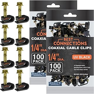 BEST CONNECTIONS Coaxial Cable Clips with Pre-Inserted Screw (200 Pack) – Black Single Cable Mounting Clamps for Coax Cable (RG6, RG59) and Ethernet Cable – Cord Fastener/Strain Relief Clip