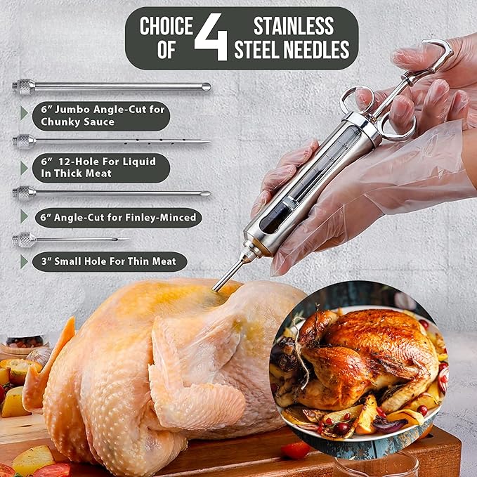 Professional Meat Injector Marinade Syringe Kit for Smoking & Grilling Turkey & Brisket, Large 2 Oz Stainless Steel Visible Capacity, Never Leaks or Clogs - BBQ Gifts for Men - Built to Last Years