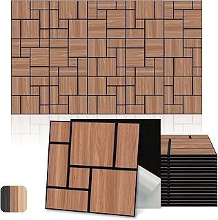 Mollywell Acoustic Panels, PVC Wood-Grain Decor, 12x12 Inch Carved Pattern Sound Absorbing Wall Tiles, Self-Adhesive for Home Office/Studio/Gaming Room Echo Reduction, 16 Pack Walnut, Checkerboard