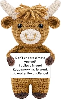 Hoedia Emotional Handmade Highland Cow Crochet Figurines, Positive Crochet Animal & Self-Care Gifts for Women Men Inspirational Desk/Home Decor
