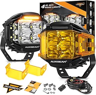 Auxbeam 4 Inch V-MAX Series LED Pods with Side Shooter, 92W Round Offroad Driving Lights with Amber DRL, Super Bright 270° Wide Range Spot Flood Combo Light Bar Auxiliary Light with Wiring Harness Kit
